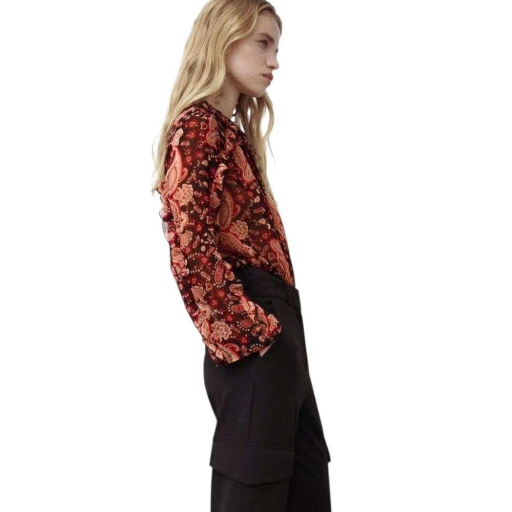 Zara Women's Paisley Semi-Sheer Ruffled Bodysuit - Picture 2 of 15